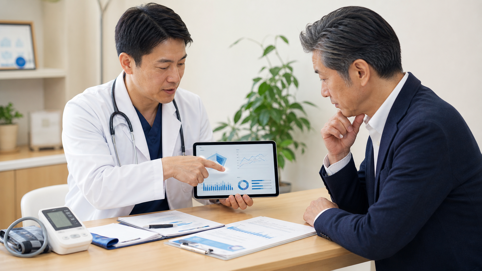 医師が経営者に健康データを説明している様子