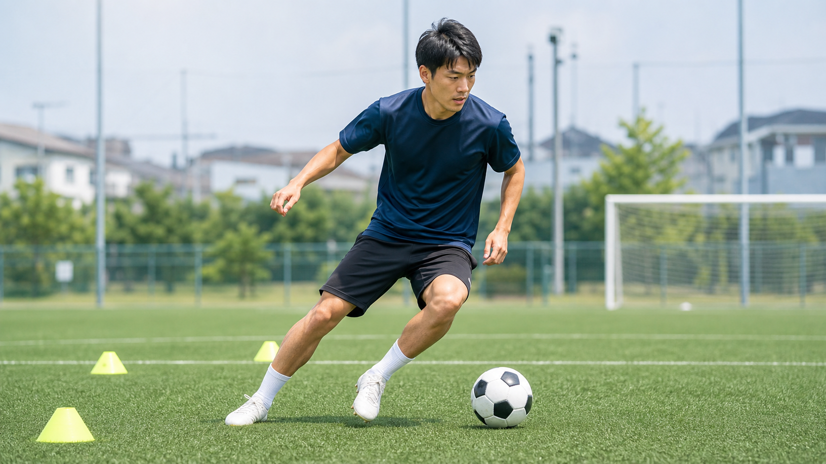 サッカーで切り返し動作を行う日本人選手