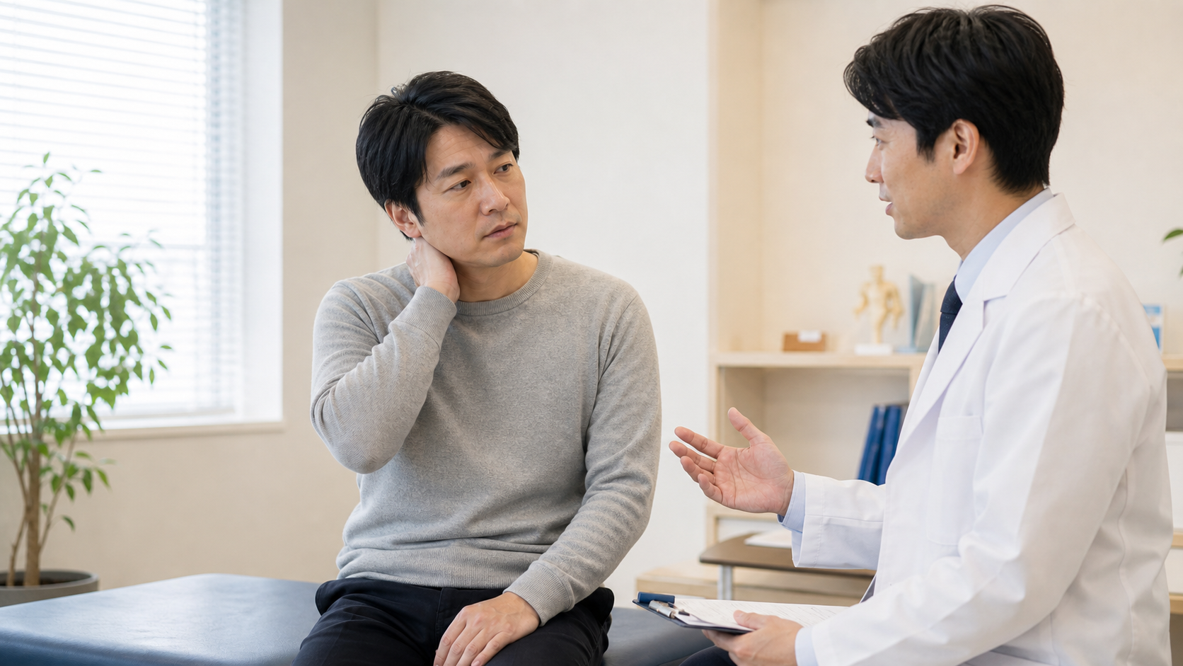 首の痛みについて医師に相談する日本人患者