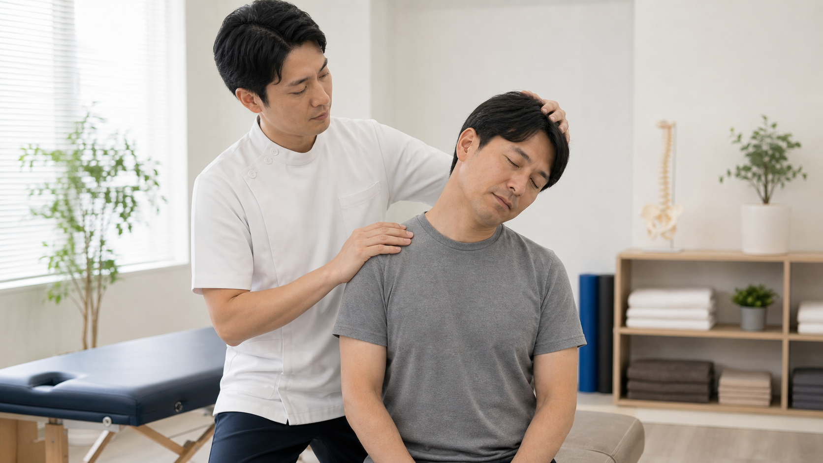 頸部筋筋膜炎のリハビリで首肩のストレッチを行う様子