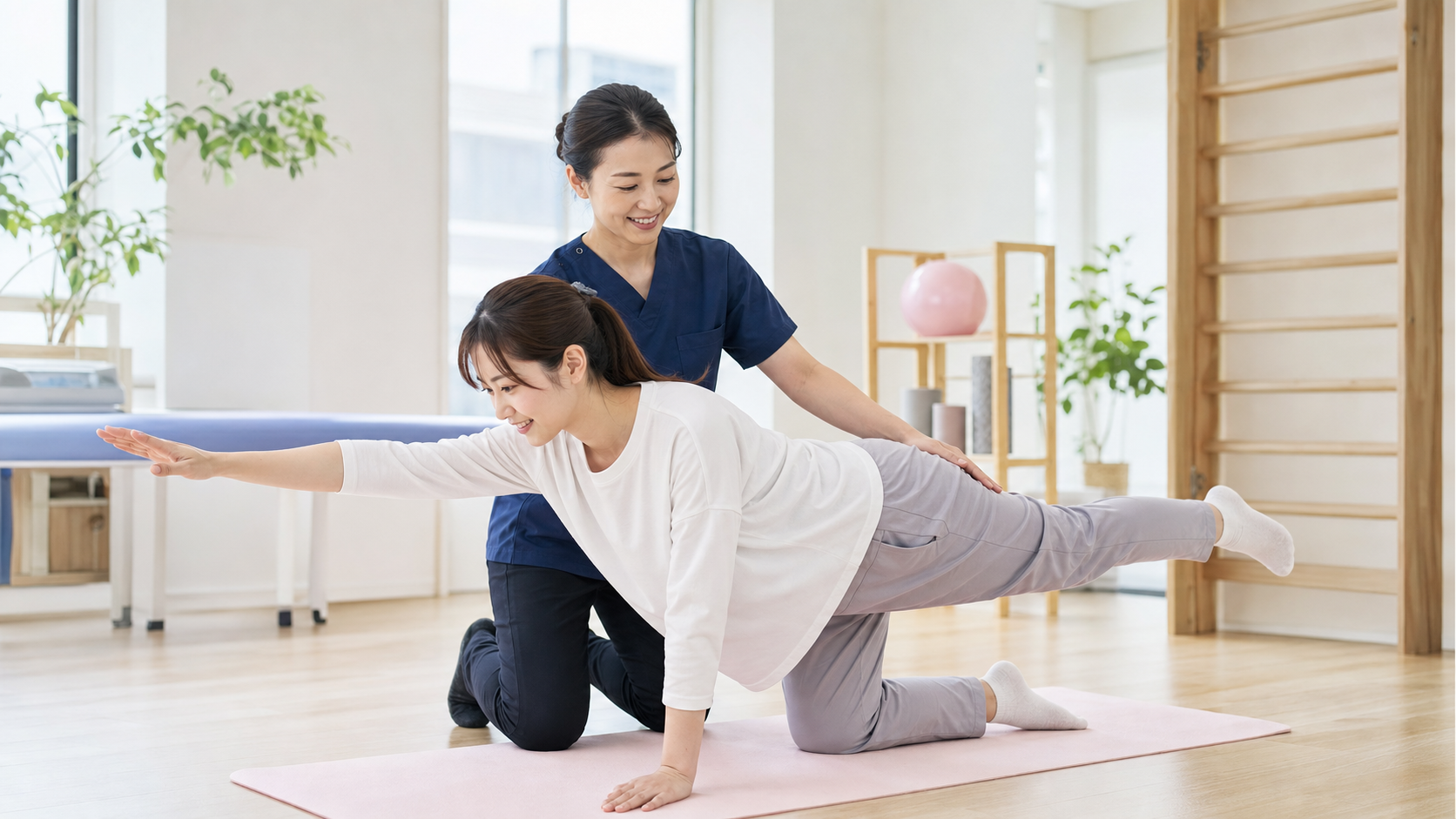 理学療法士の指導で産後の体幹トレーニングを行う女性