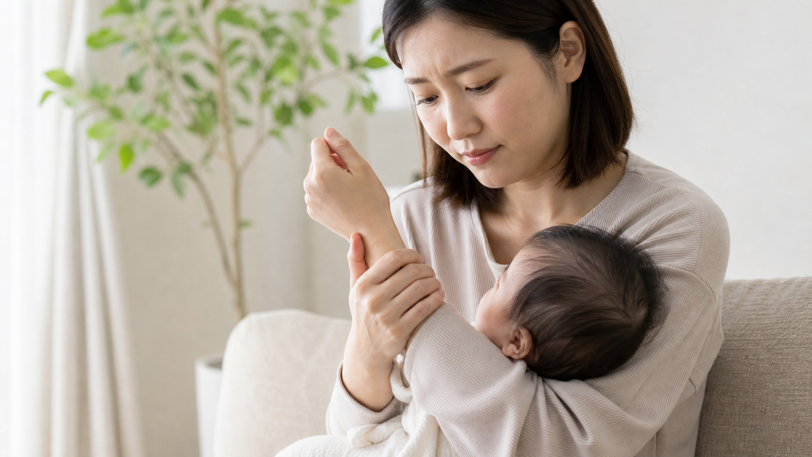赤ちゃんを抱きながら親指側の手首の痛みを気にする産後のお母さん