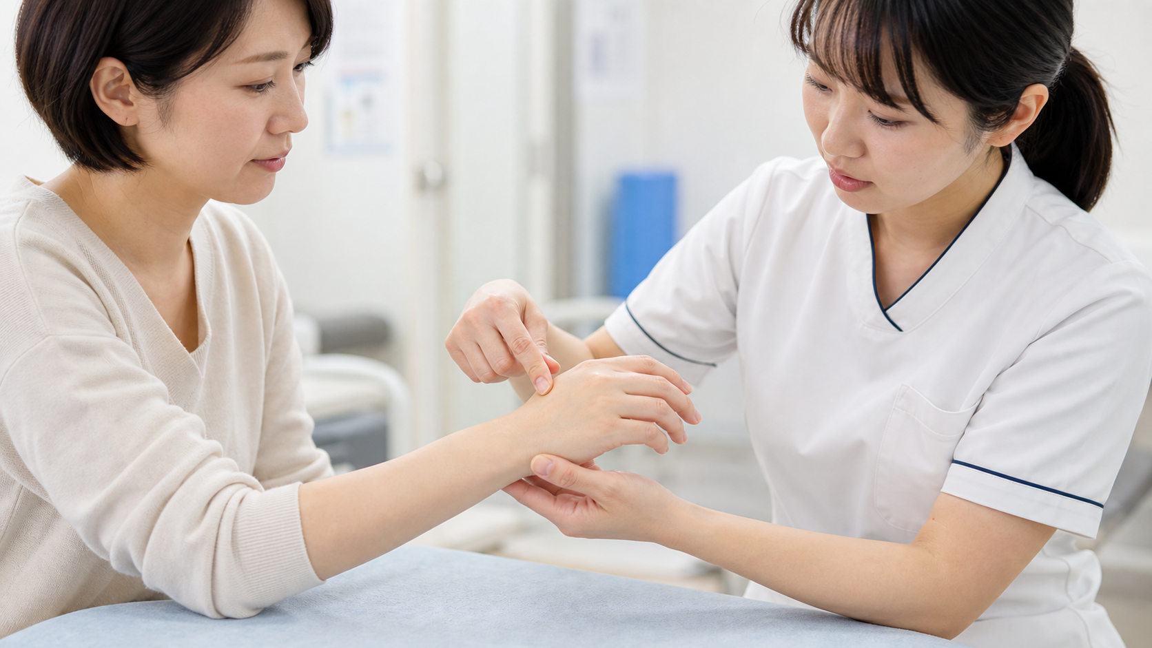 整形外科で親指側の手首を確認しながらリハビリ指導を受ける女性