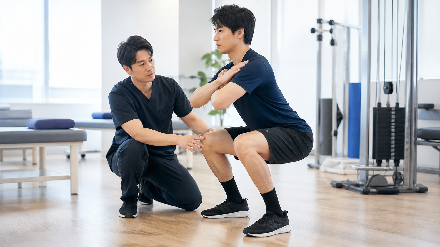 理学療法士の指導で正しいフォームのスクワットを行う様子