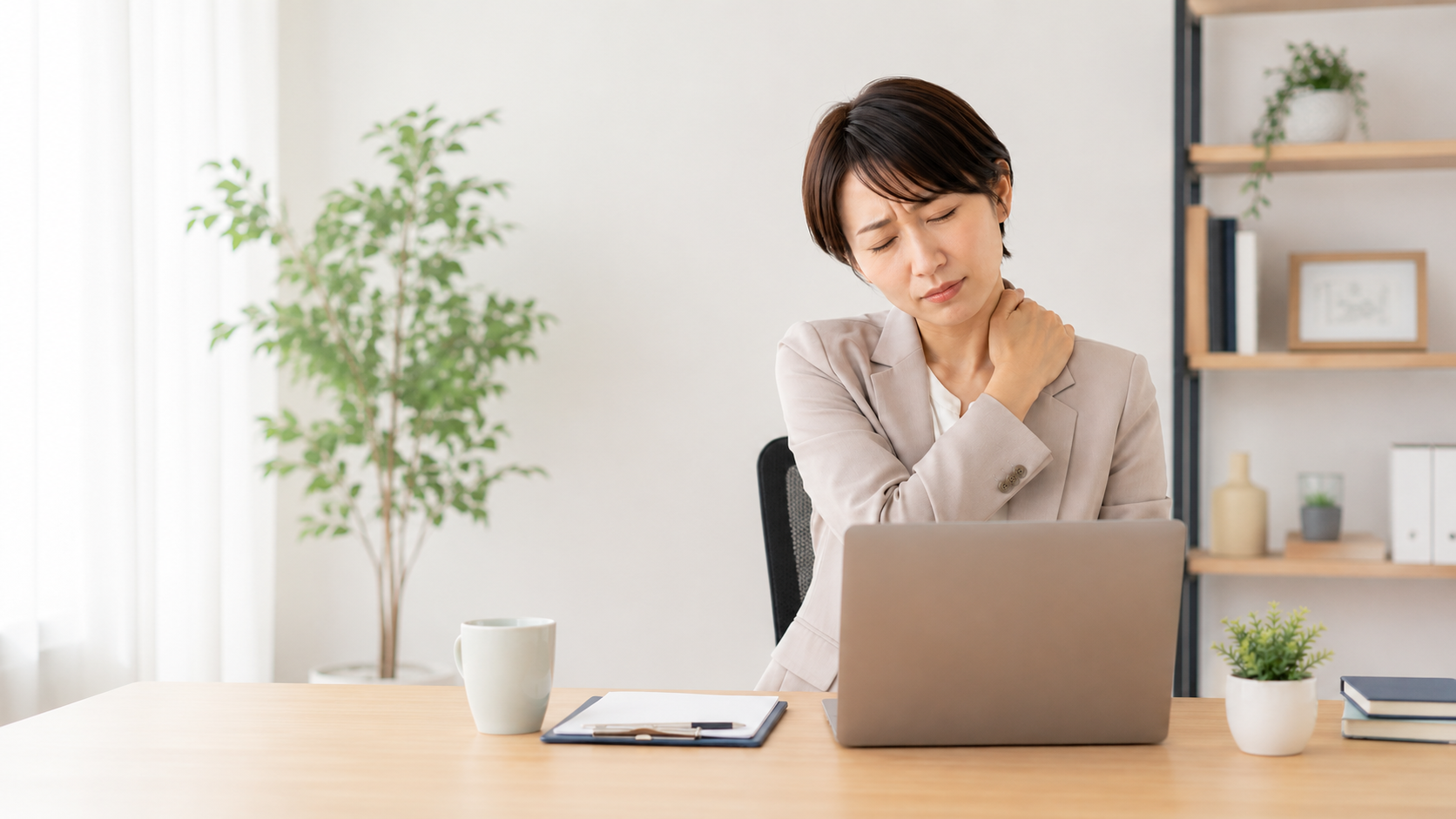 デスクワーク中に首や肩に手をあてている様子（イメージ）