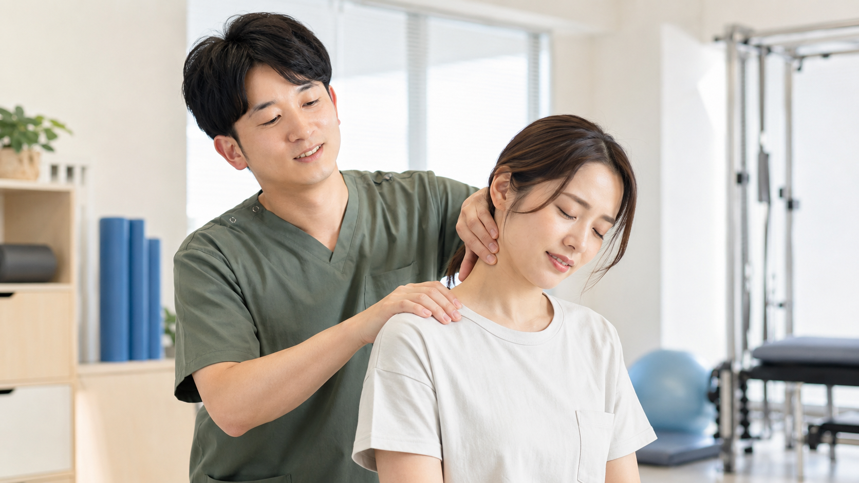 理学療法士が首・肩甲帯の動きを確認している様子(イメージ)