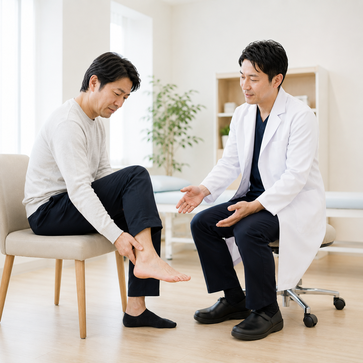 かかとの後ろの痛みについて医師が説明している様子（イメージ）