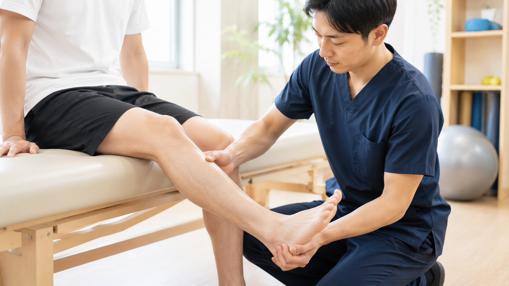 理学療法士が足首・ふくらはぎの動きを確認している様子（イメージ）