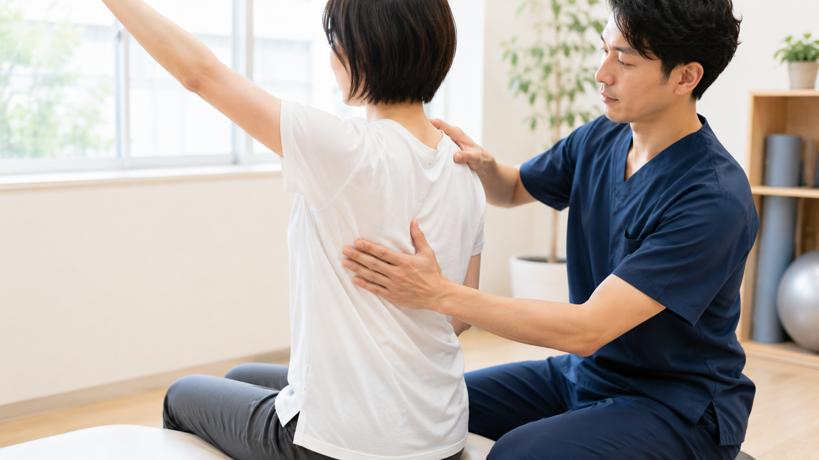 理学療法士が肩甲帯の動きを確認している様子(イメージ)