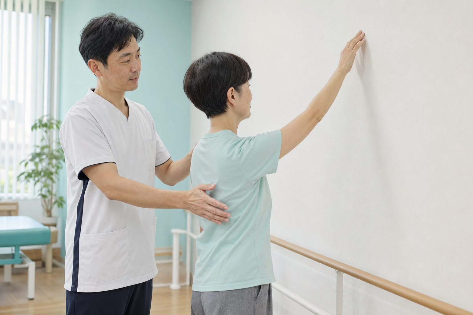 五十肩のリハビリで壁を使った運動を行う様子