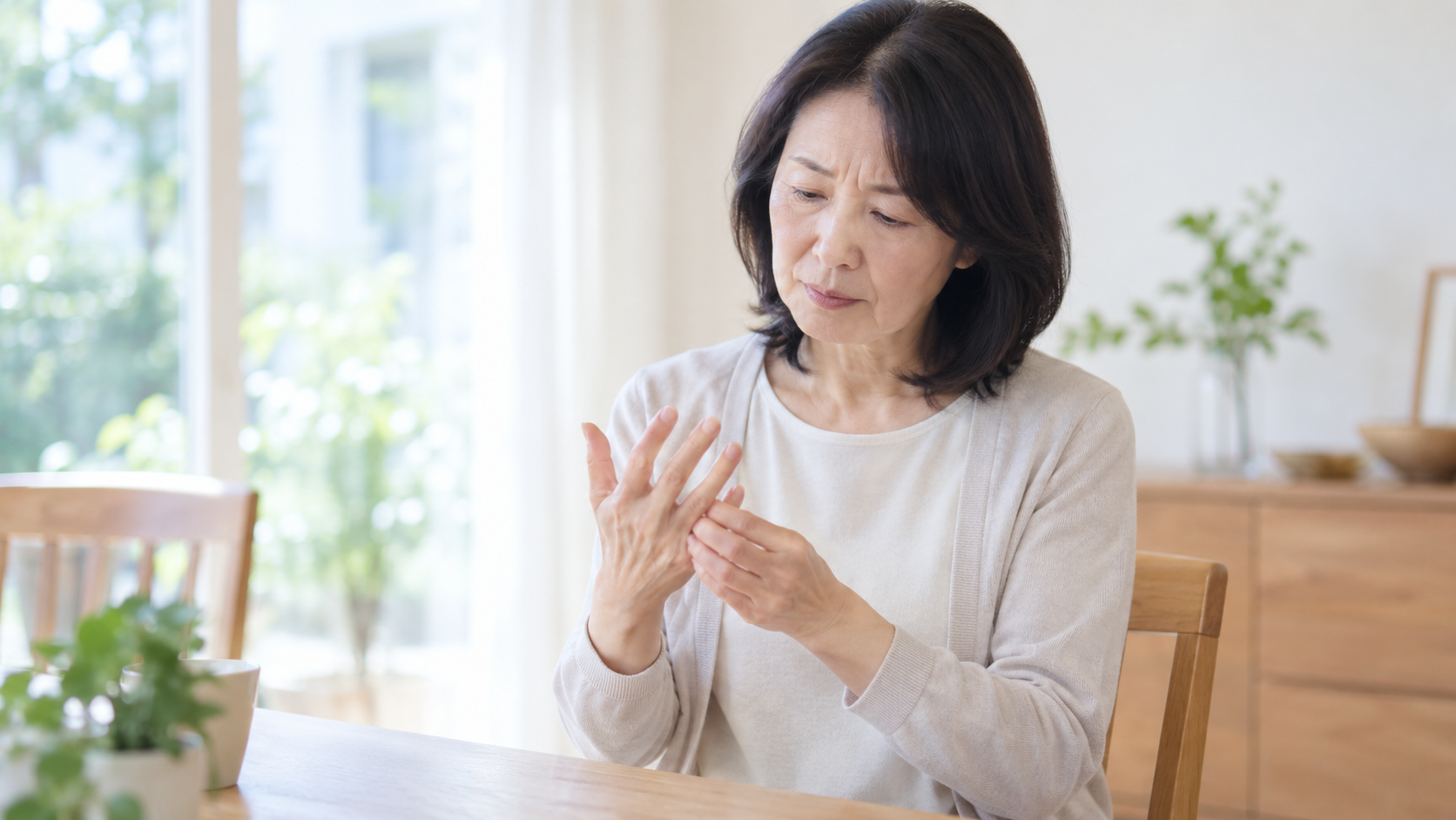 朝、手を握ったり開いたりして指の動きを確かめている様子(イメージ)