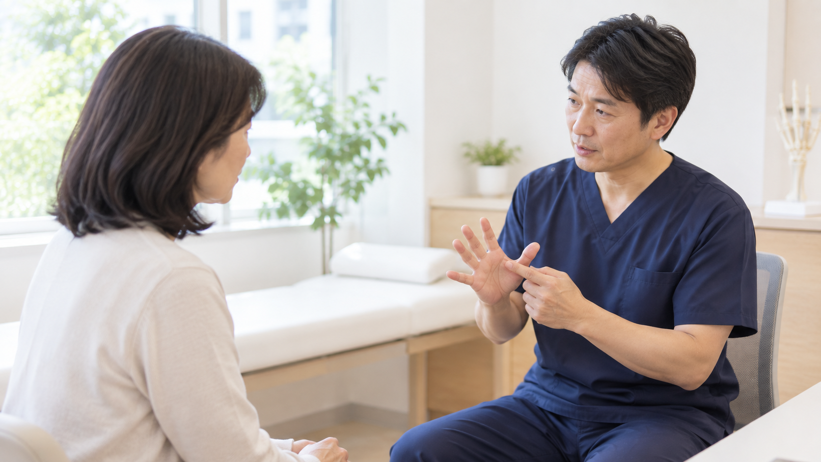 診察室で医師が手指の状態について説明している様子(イメージ)