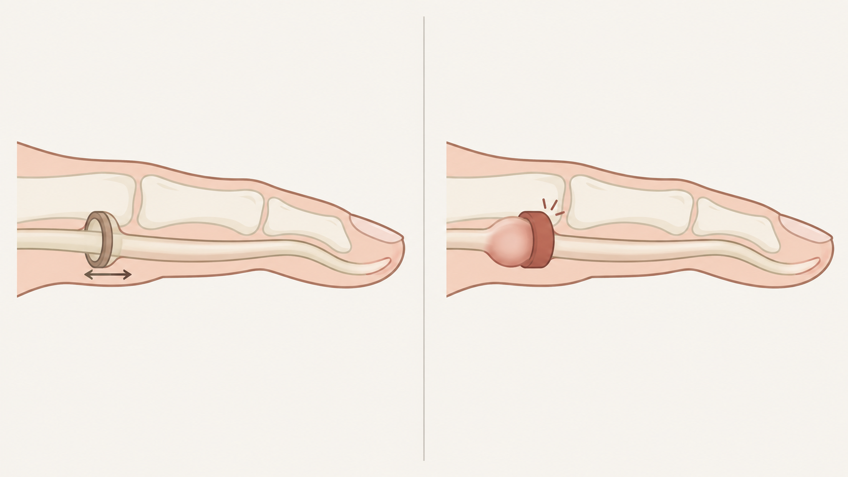 指を横から見た模式図。左は腱が腱鞘の中をなめらかに通る正常な状態、右は厚くなった腱鞘に、膨らんだ腱が引っかかっている状態