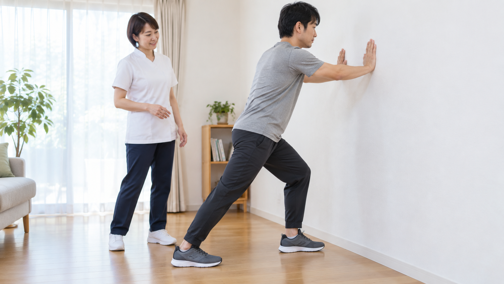 壁に手をついてふくらはぎを伸ばすストレッチを行っている様子（イメージ）