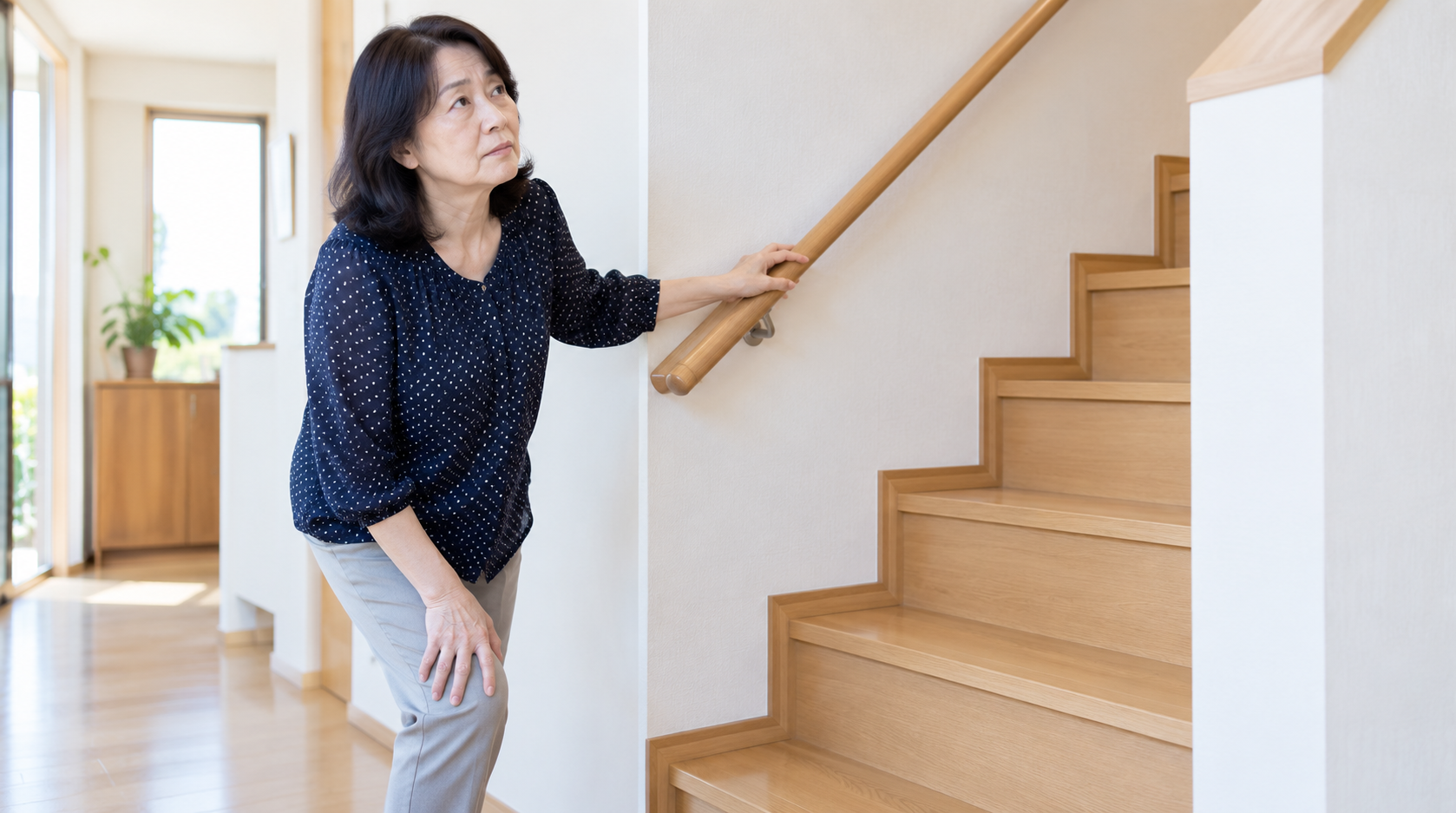 ひざの痛みで、階段を上る前に手すりにつかまって立ち止まっている様子