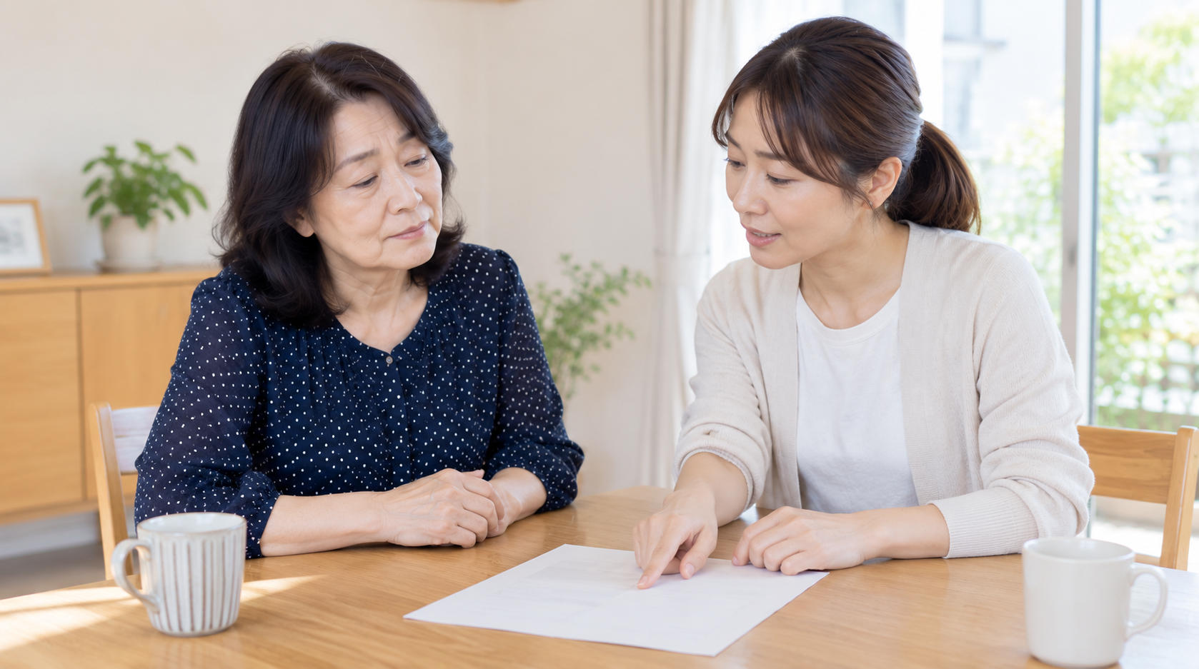 自宅で家族と、ひざの治療について相談している様子