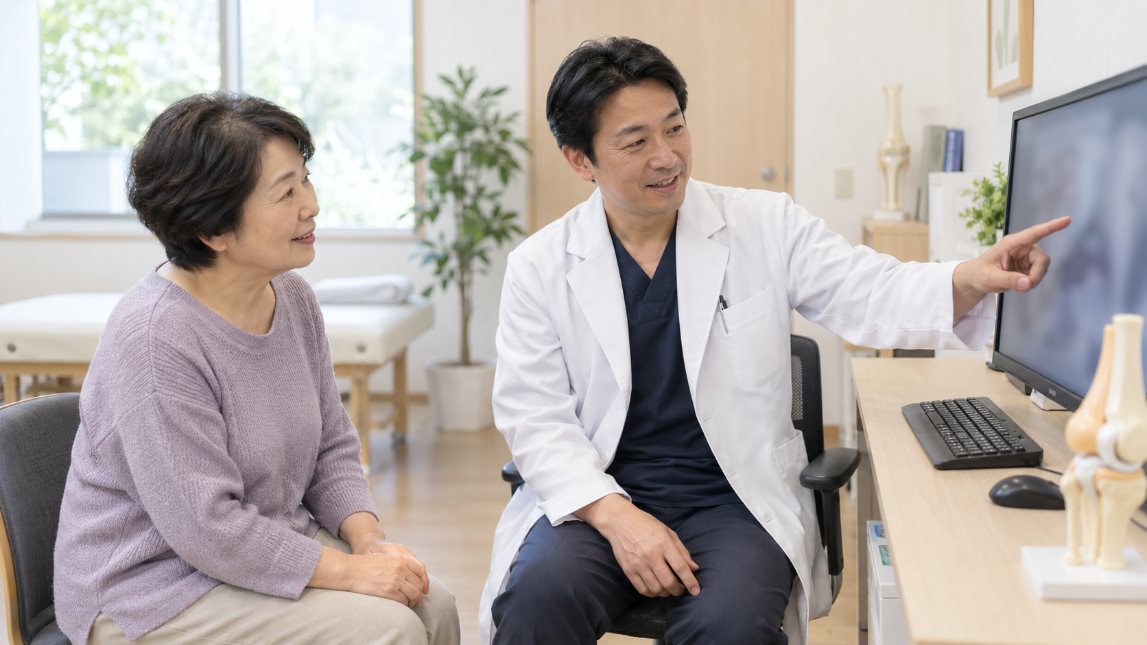 診察室で、医師が患者にひざの状態を説明している様子（イメージ）