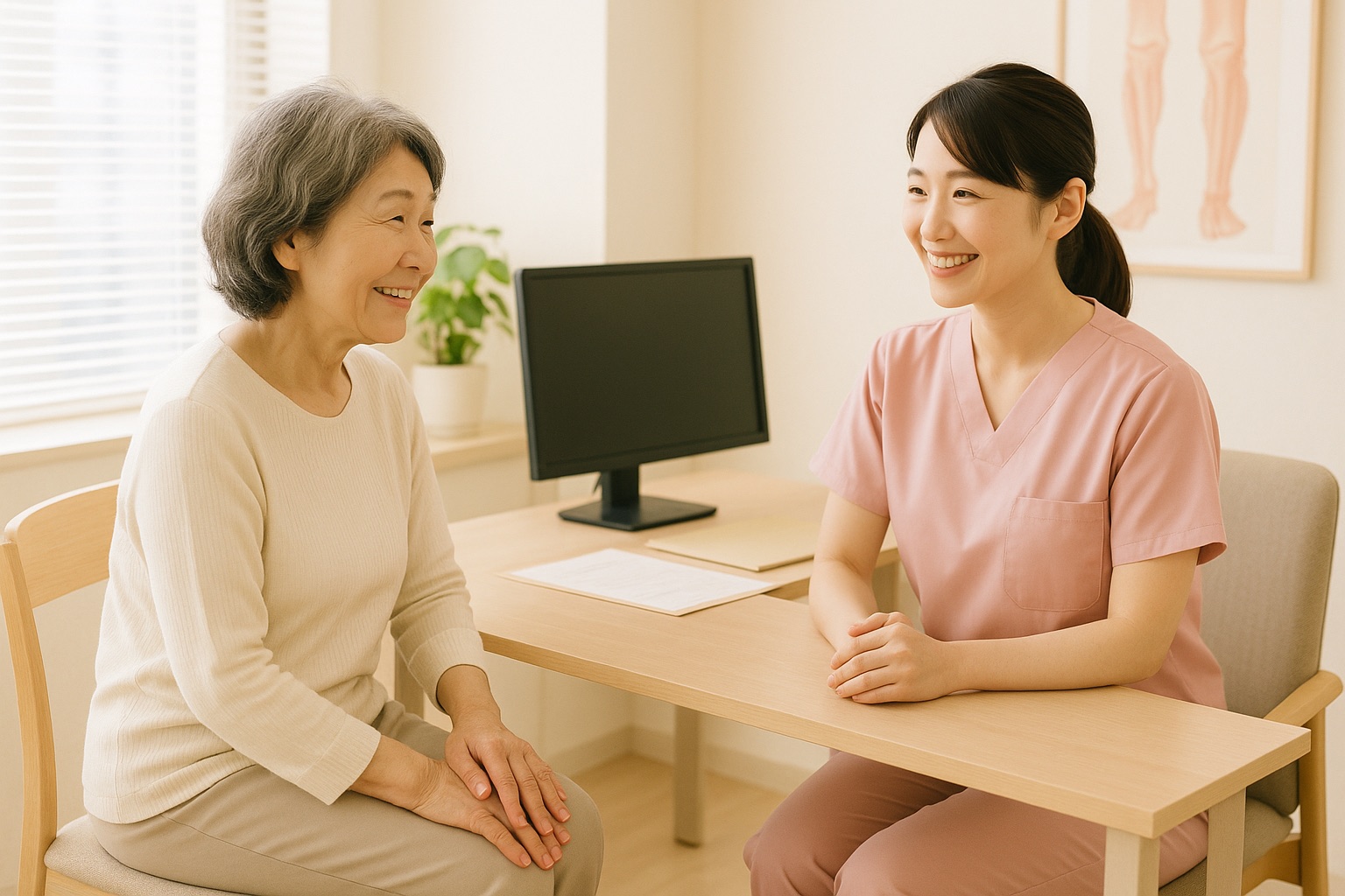 クリニックの相談スペースで、女性の患者さんがひざに手を添えながら看護師と穏やかに話している様子（イメージ）