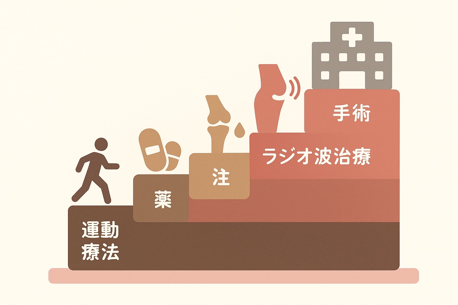 左下から右上へ上がる5段の階段の図。下から運動療法、薬、注射、ラジオ波治療、手術の順に並び、運動療法の土台が全体を支えている