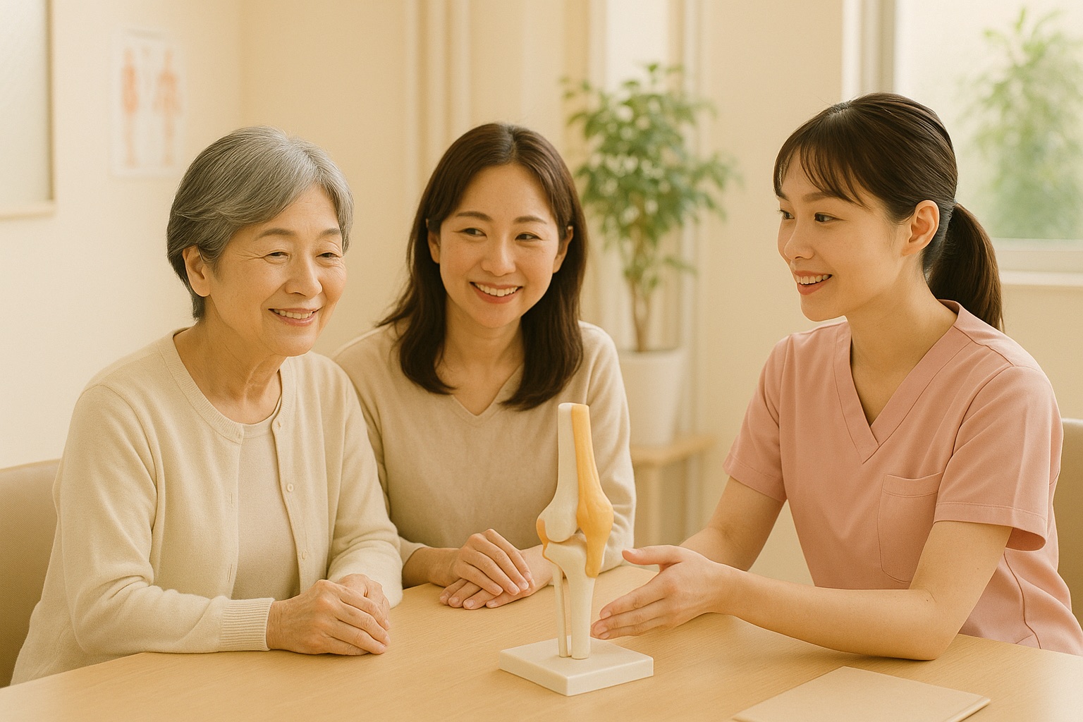 相談スペースで、女性の患者さんと付き添いの家族が、ひざの模型を使った看護師の説明を穏やかな表情で聞いている様子（イメージ）