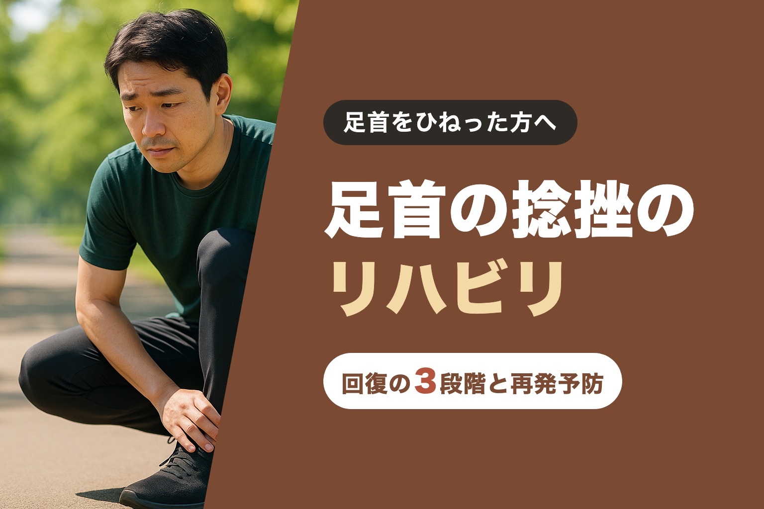 足首をひねった方へ　足首の捻挫のリハビリ　回復の3段階と再発予防（ジョギングの途中で足首を気にする男性のイメージ）