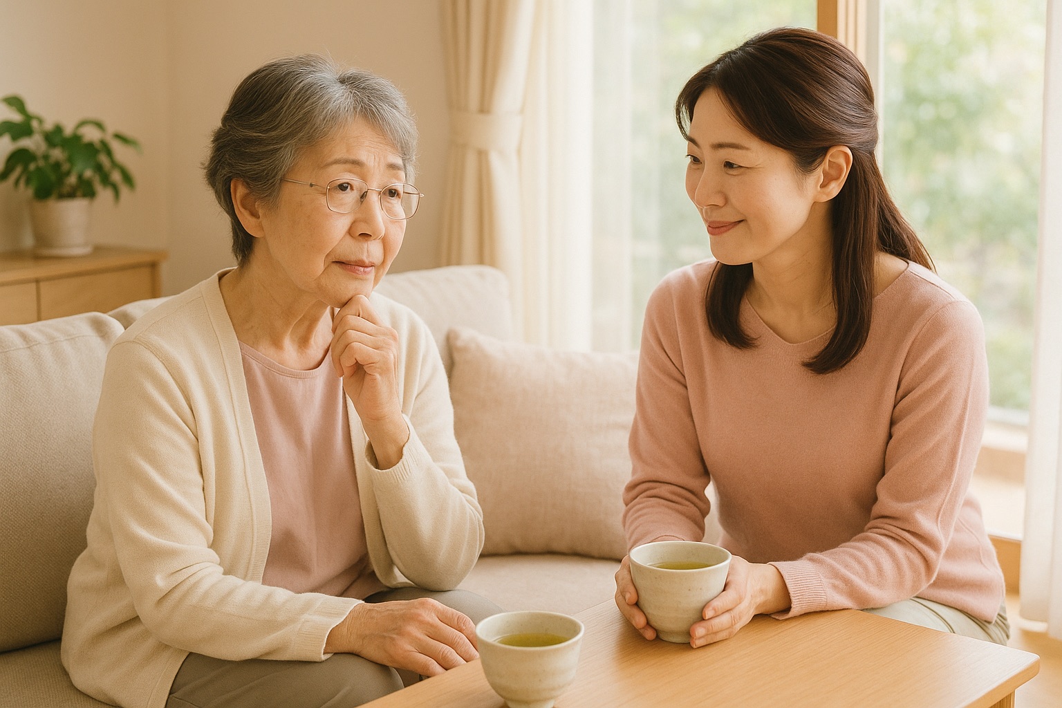自宅のリビングで、年配の女性が家族と落ち着いて話をしている様子（イメージ）