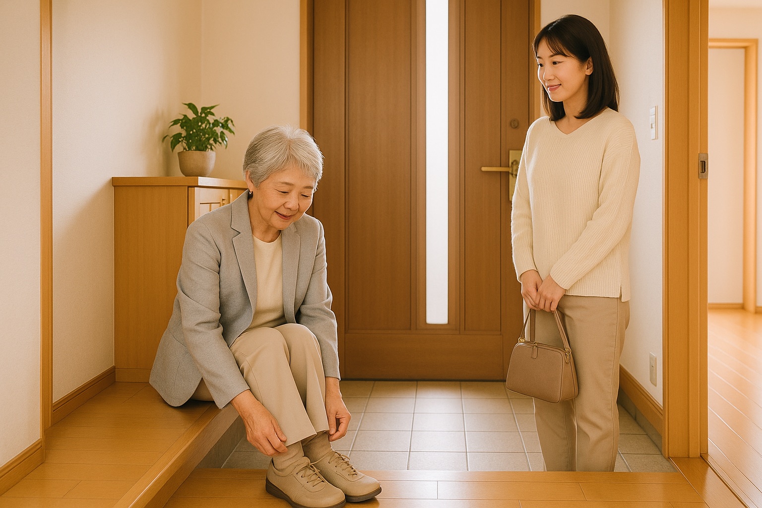 自宅の玄関で、外出の支度をしている70代の女性と、付き添う家族(イメージ)