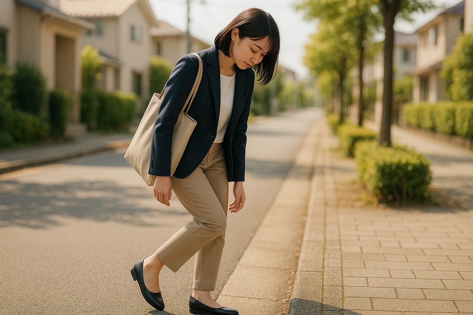 歩道の縁石の手前で立ち止まり、足首を気にしている女性（イメージ）