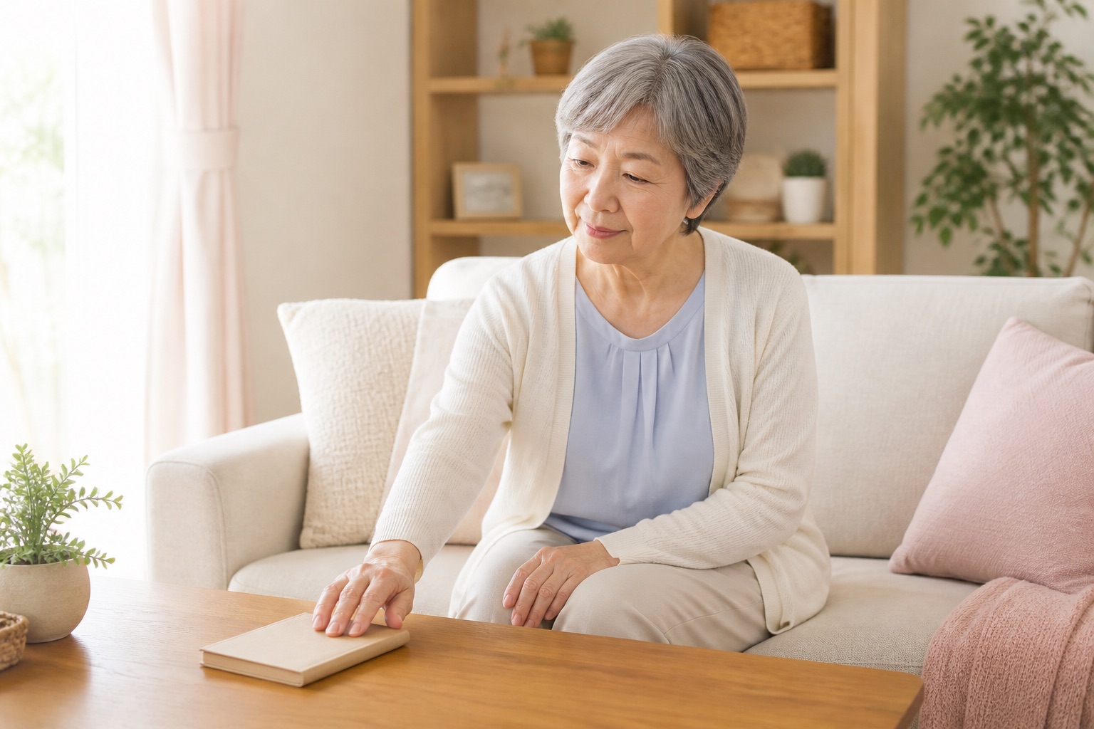自宅のリビングで、ひざに手を添えて考えている60代の女性（イメージ）