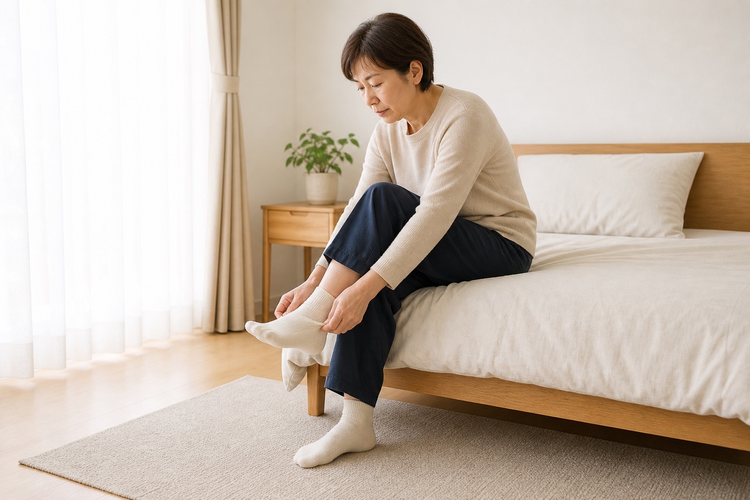 ベッドの端に腰かけて、慎重に靴下を履こうとしている女性（イメージ）