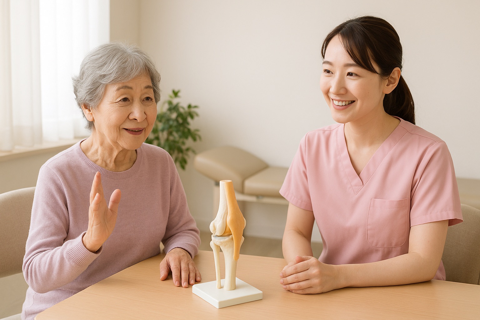 相談スペースで、女性の患者さんがひざの模型を見ながら看護師に質問している様子（イメージ）