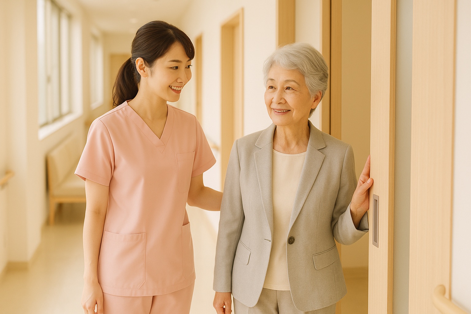 クリニックの廊下で、看護師が女性の患者さんを診察室へ案内している様子(イメージ)