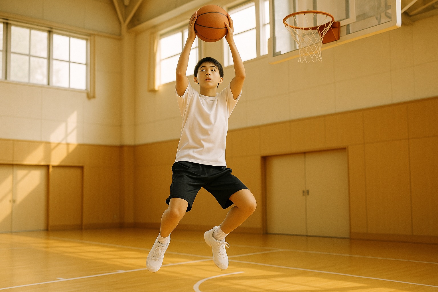 体育館でリバウンドを取ろうとジャンプしている中学生（イメージ）