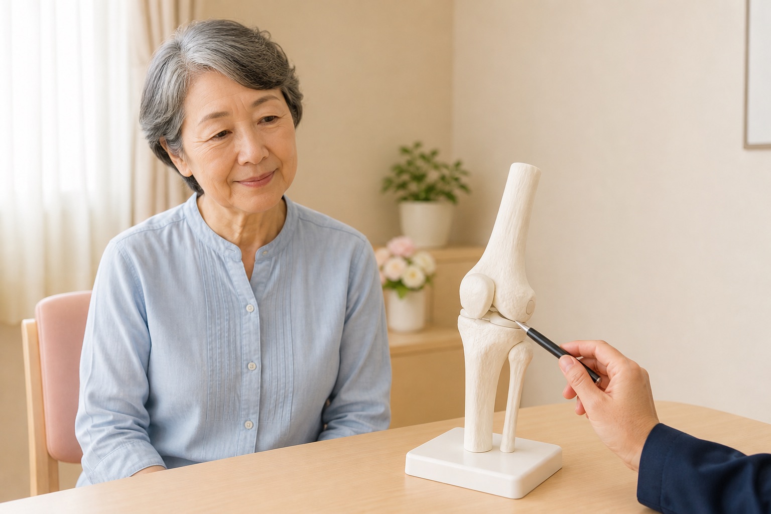 診察室で、ひざの骨の模型を見ながら説明を聞く60代の女性（イメージ）