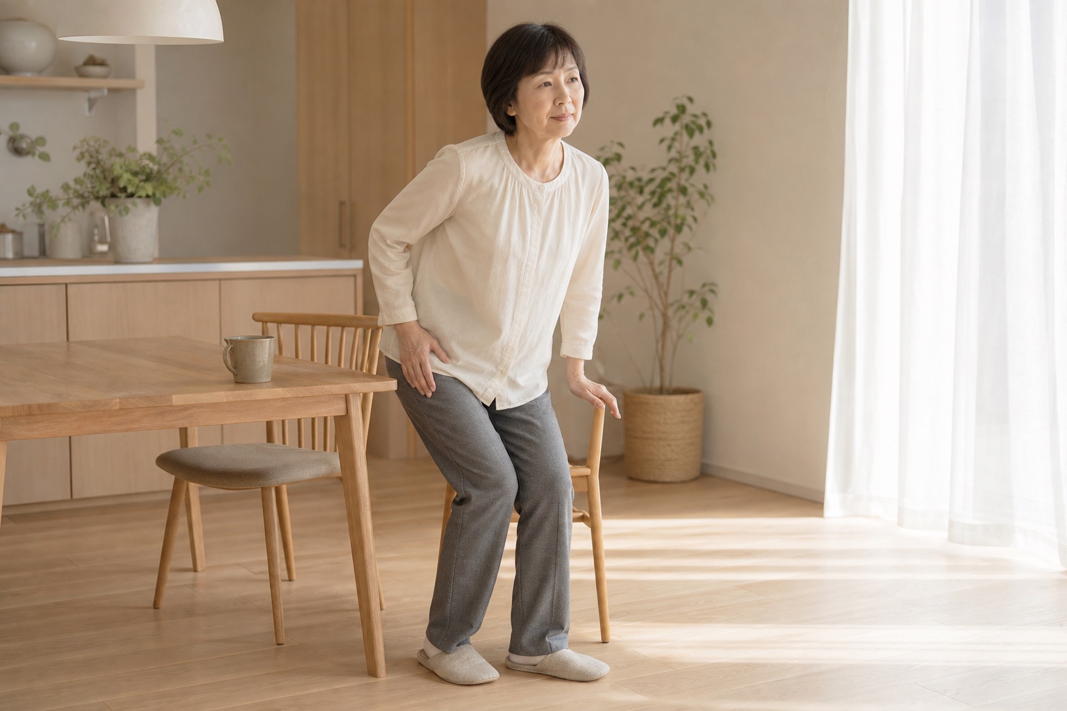 椅子から立ち上がる前に、足の付け根に手を当てている女性（イメージ）