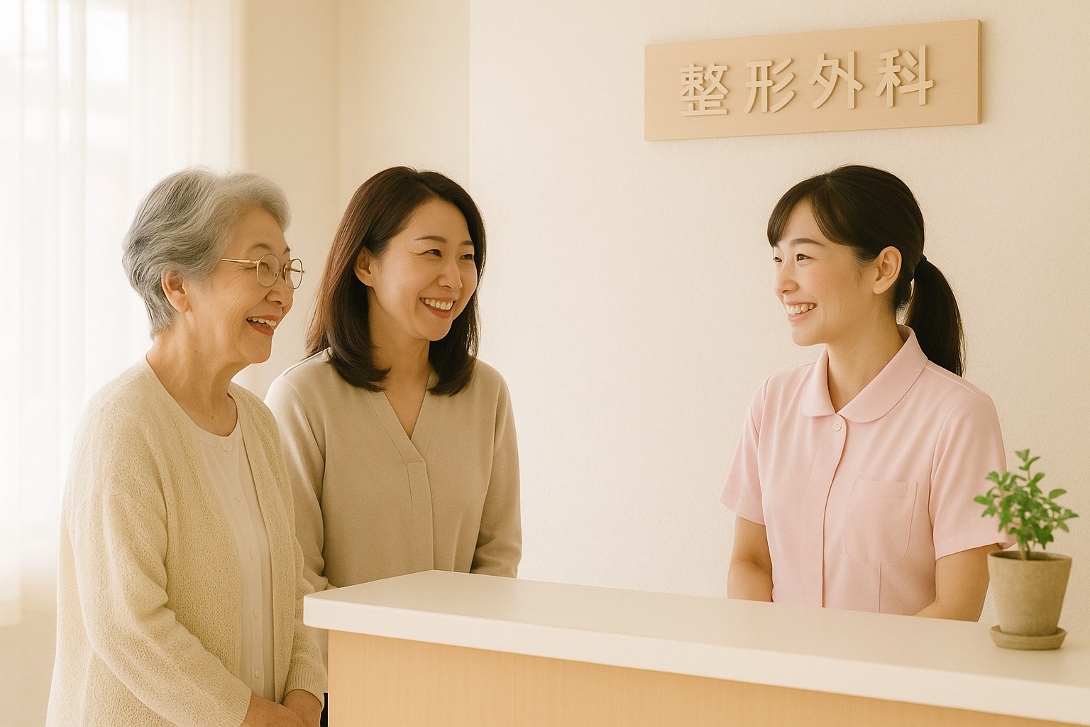 クリニックの受付で、年配の女性と付き添いの家族がスタッフと穏やかにあいさつを交わしている様子（イメージ）