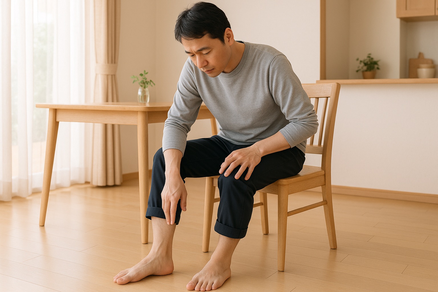椅子に腰かけて、左右の足首の外側を見比べている男性（イメージ）