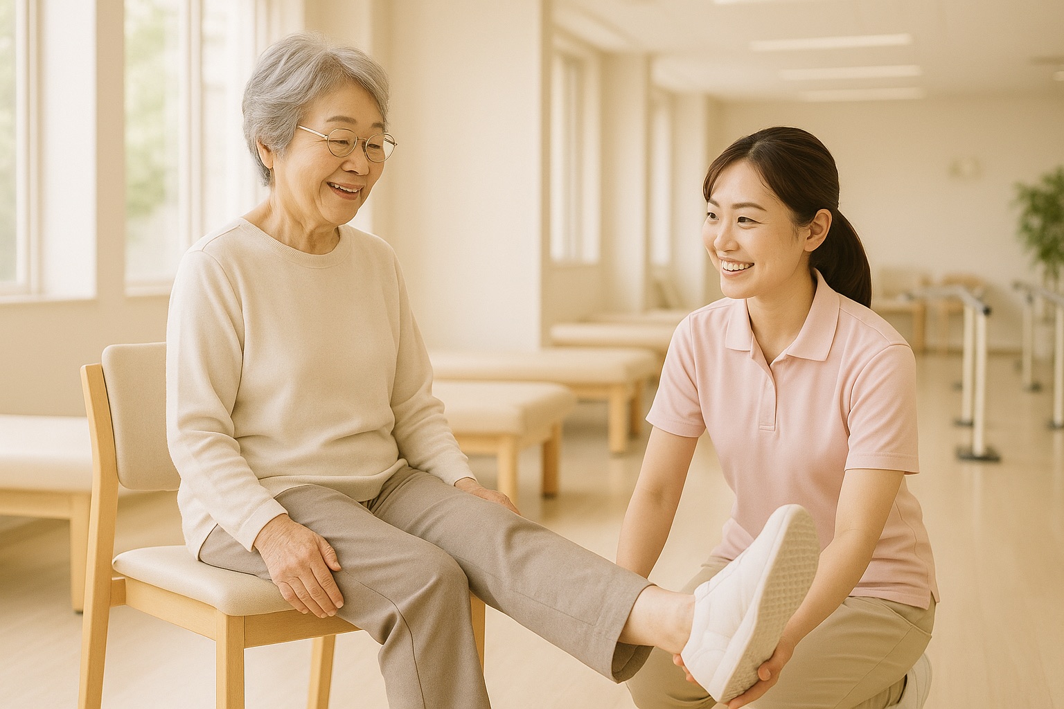 リハビリ室で、椅子に座った年配の女性が理学療法士に見守られながらひざを伸ばす運動をしている様子（イメージ）