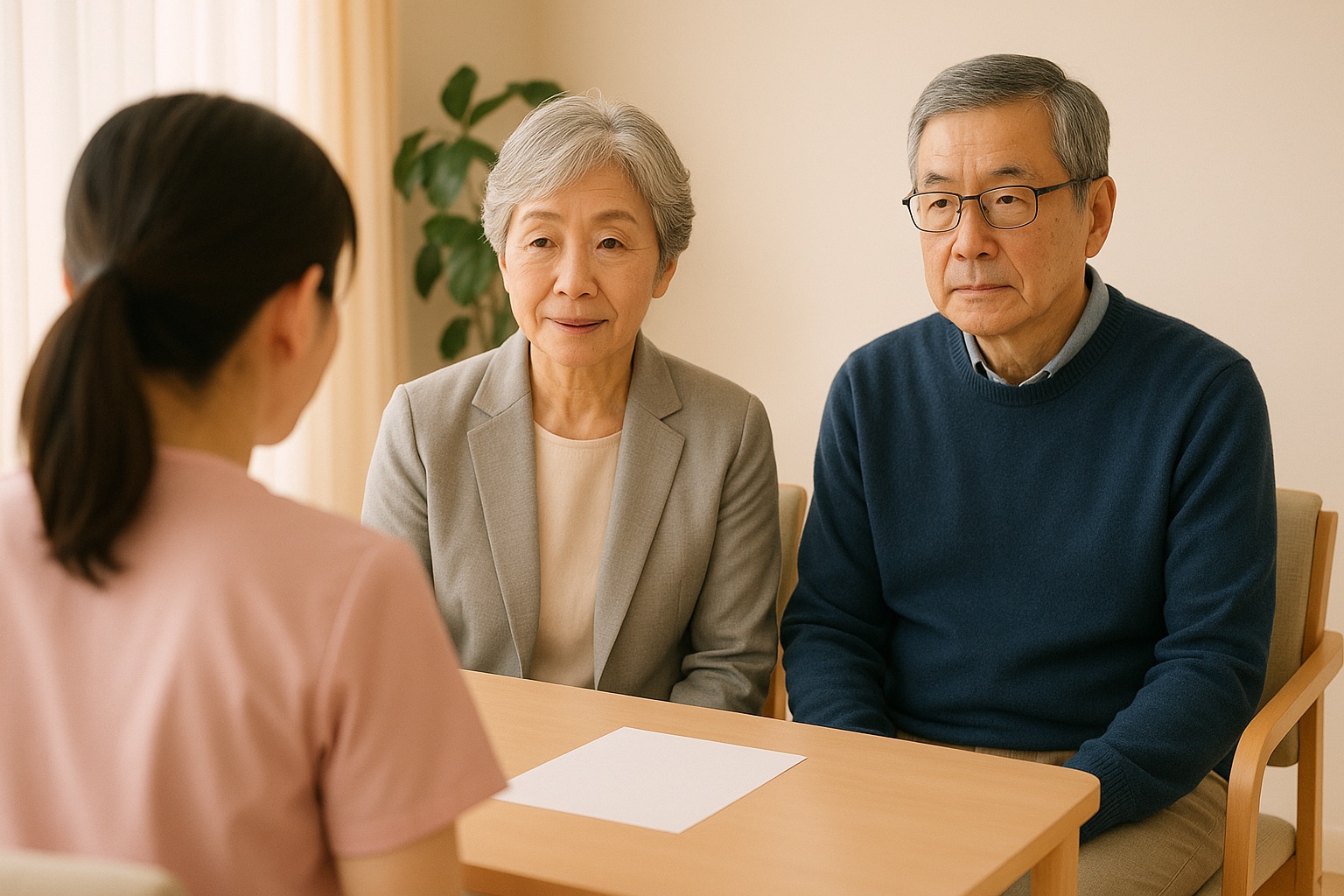クリニックで、女性の患者さんがご家族と並んで座り、スタッフの説明を聞いている様子(イメージ)