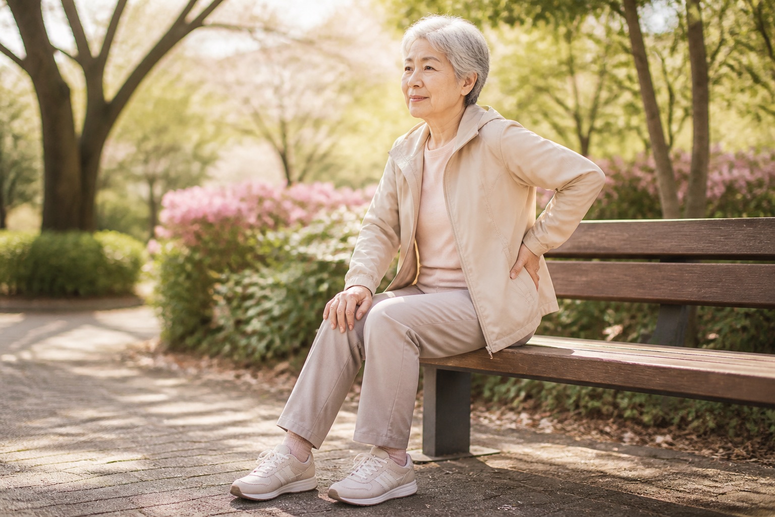公園のベンチで休みながら、腰とひざの具合を気にしている60代の女性（イメージ）