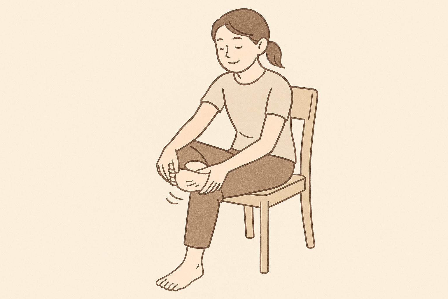 椅子に座り、片足を反対側の膝の上に乗せて、足の指を手でゆっくり反らせている姿勢のイラスト