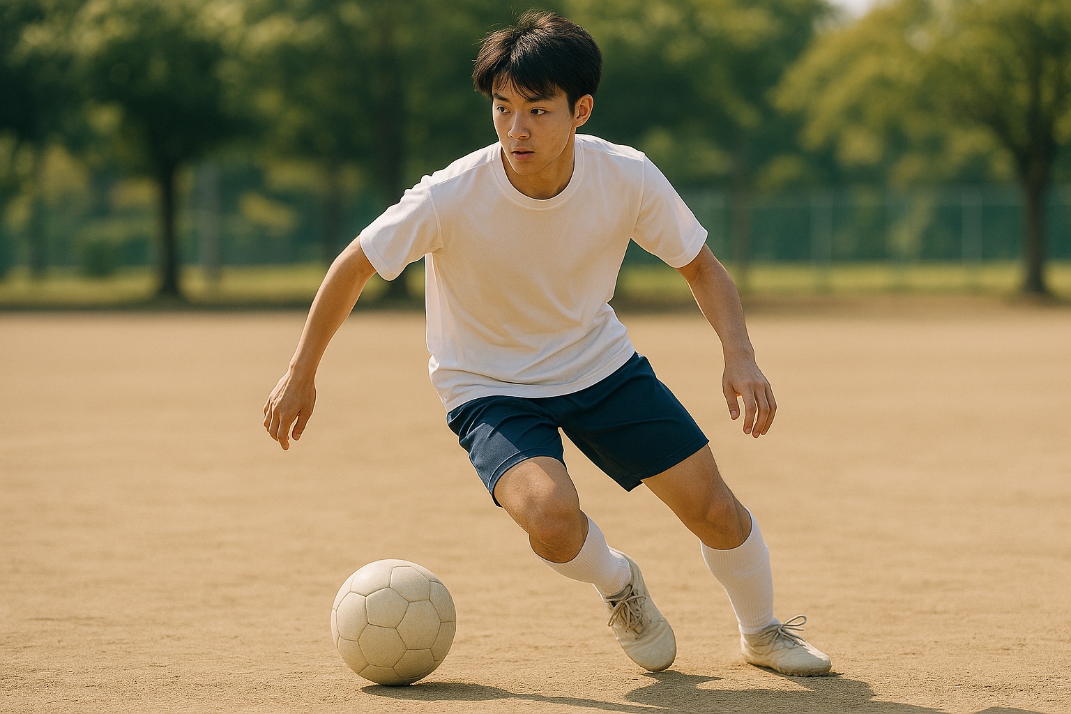 グラウンドでサッカーボールをドリブルしながら方向を変えようとしている高校生(イメージ)