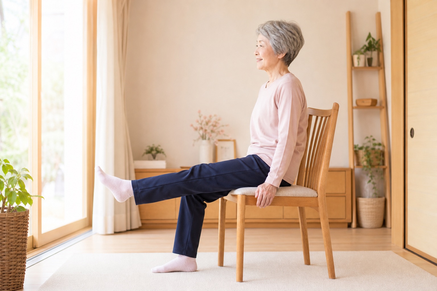 自宅の椅子に座って、ひざをまっすぐ伸ばす運動をしている60代の女性（イメージ）