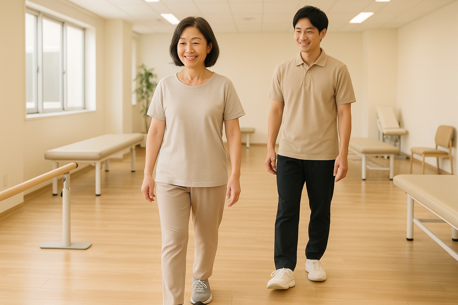 リハビリ室で、歩いている患者さんの歩き方を理学療法士がそばで確認している様子（イメージ）