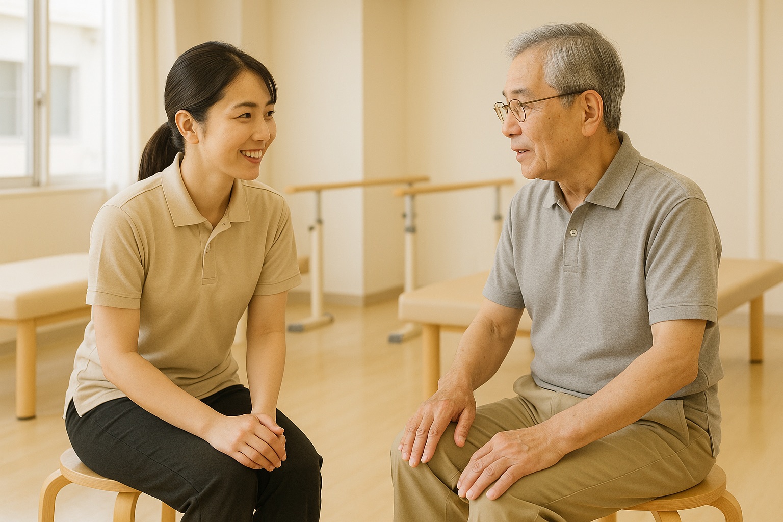 リハビリ室で、理学療法士が椅子に座って患者さんの話を聞いている様子(イメージ)