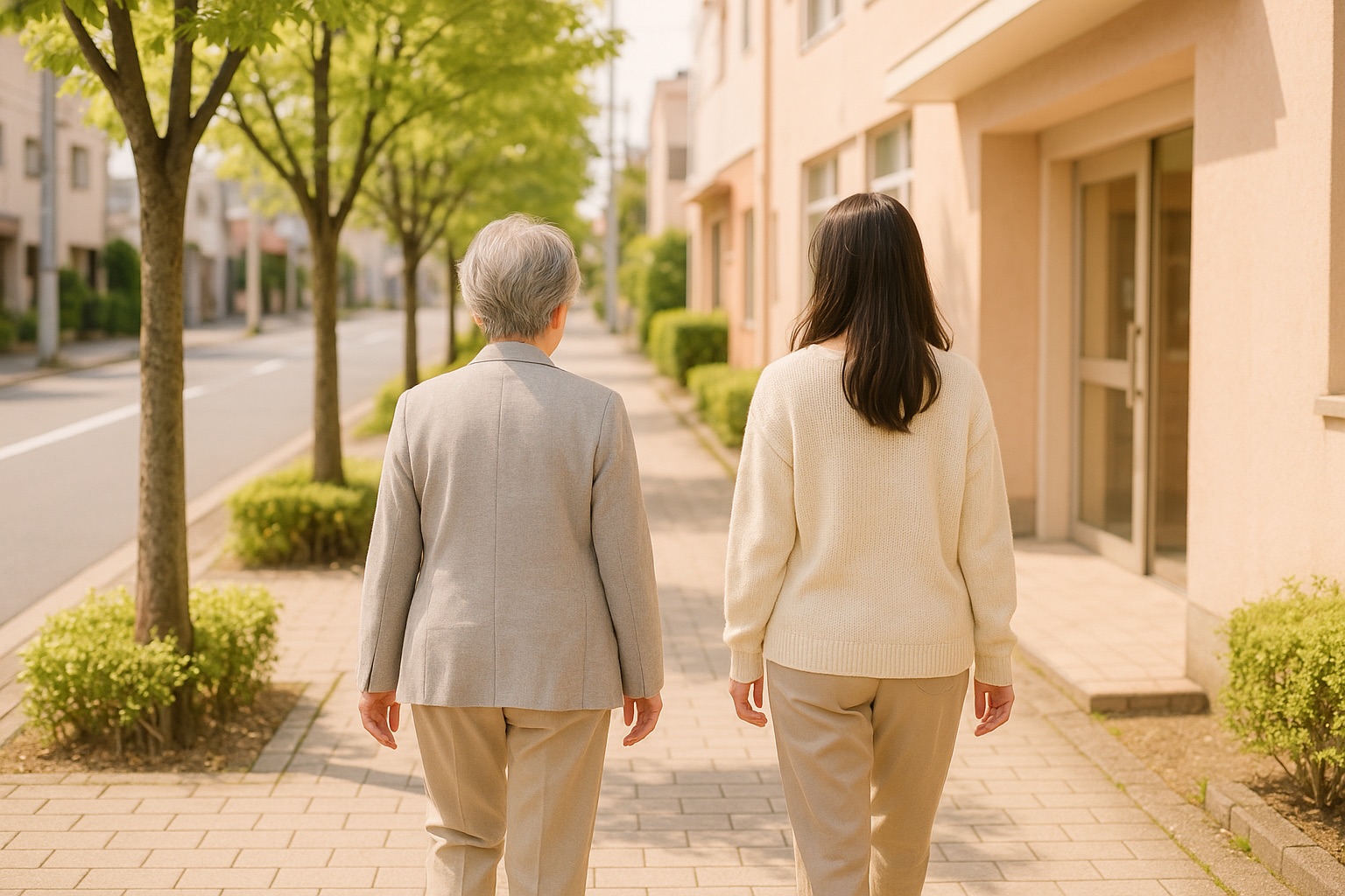 街路樹のある歩道を、女性と家族が並んで建物の入口へ歩いていく後ろ姿(イメージ)