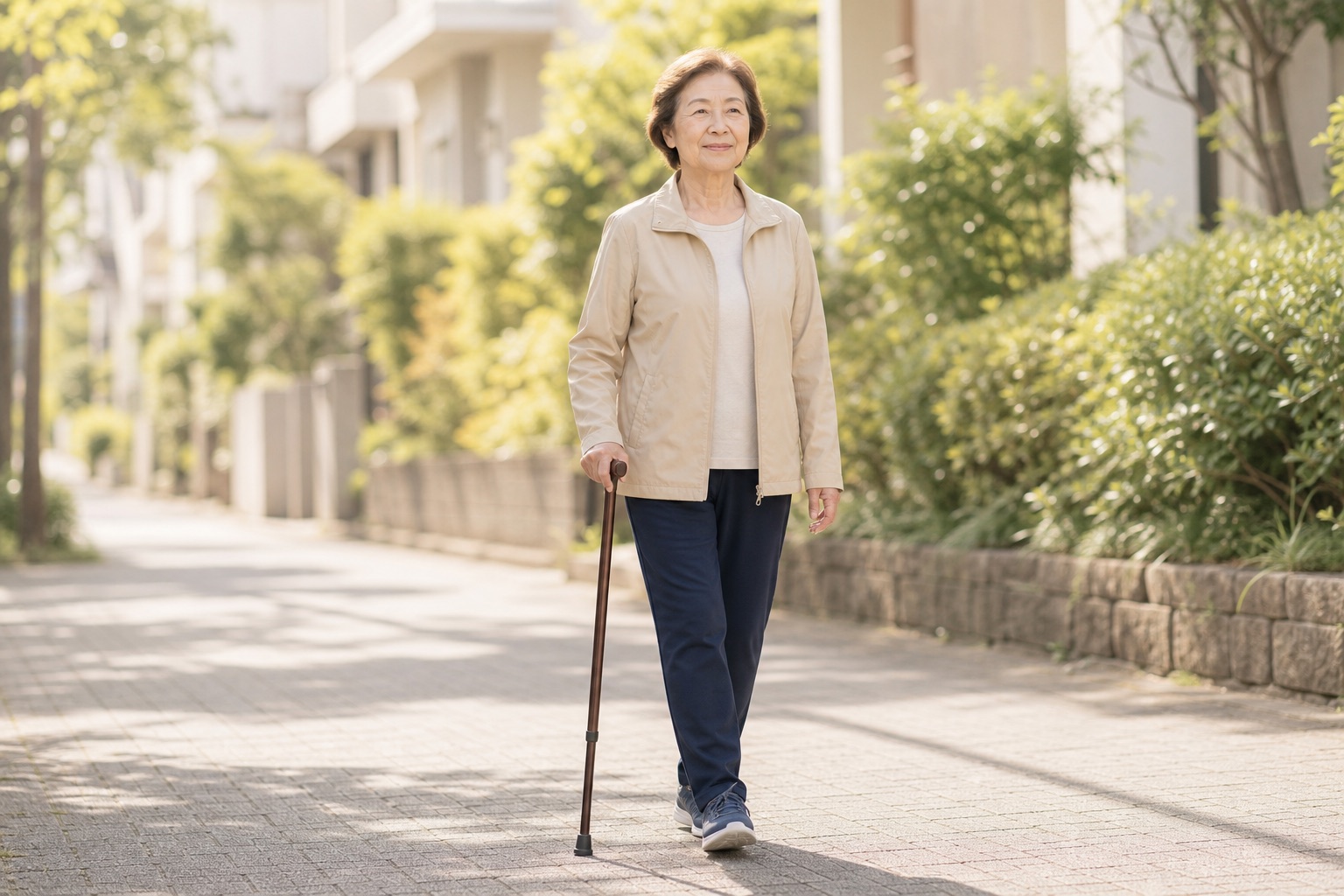 一本杖をついて、住宅街の歩道を落ち着いて歩いている女性（イメージ）