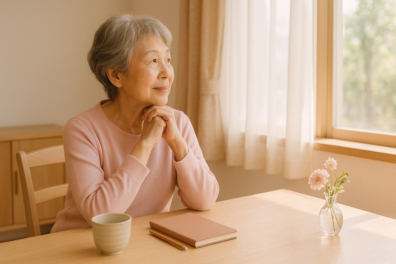 自宅のテーブルで、年配の女性が手帳を前に落ち着いて考えを整理している様子（イメージ）