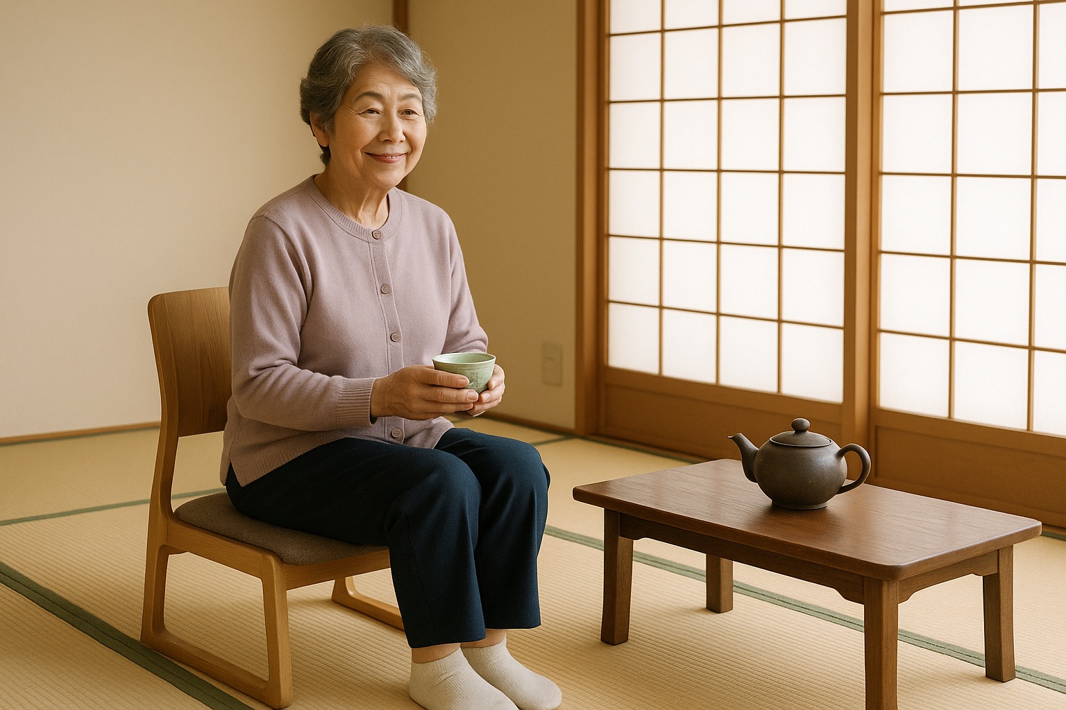 和室で正座をせず、低めの椅子に腰かけてお茶を飲んでいる女性(イメージ)