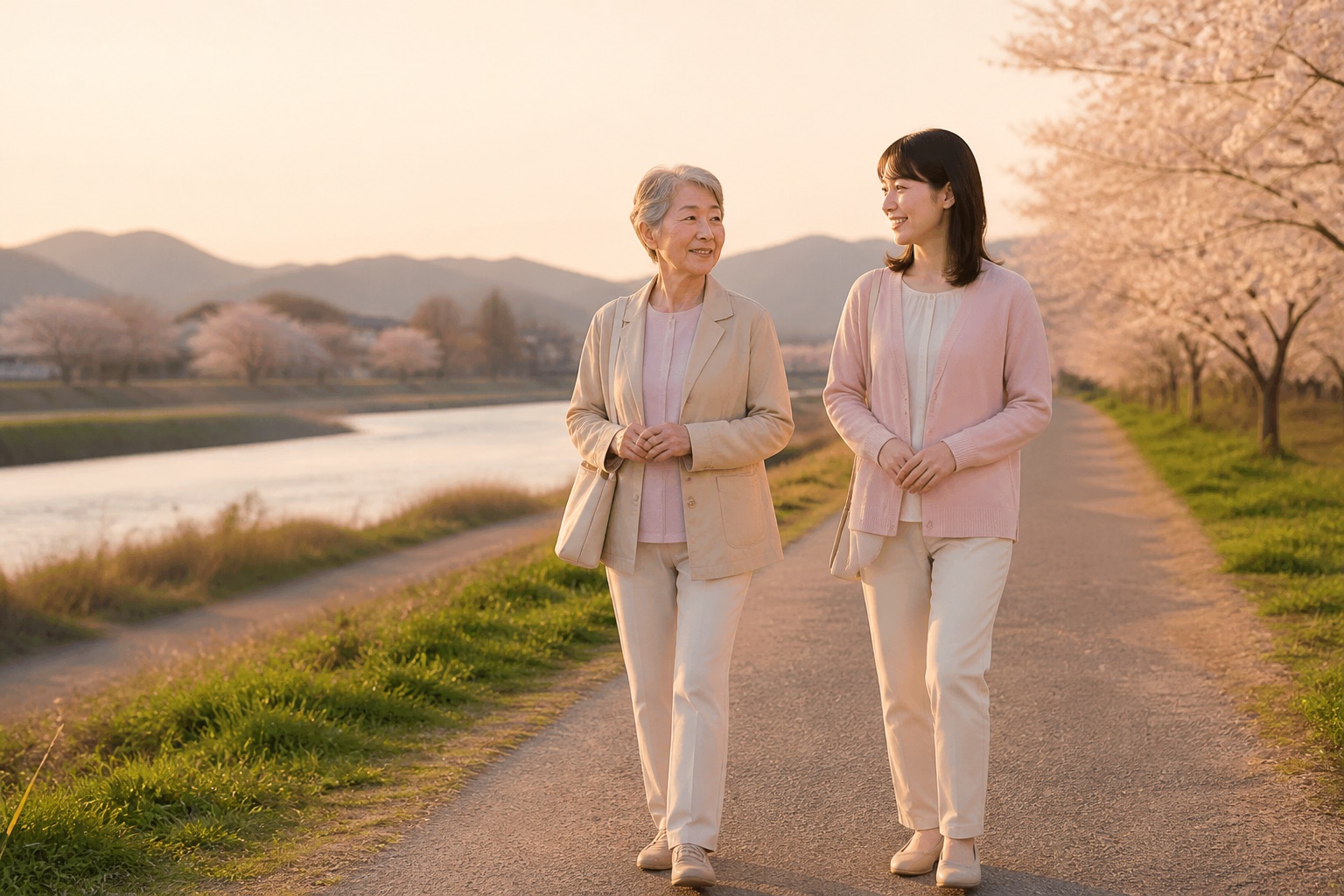 夕方の川沿いの散歩道を、家族と並んで歩く60代の女性（イメージ）